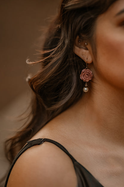 Rose Earrings | Dusty Rose Pink with Pearl Drop