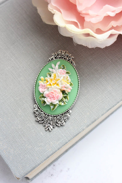 Hand Painted Floral Cameo Brooch