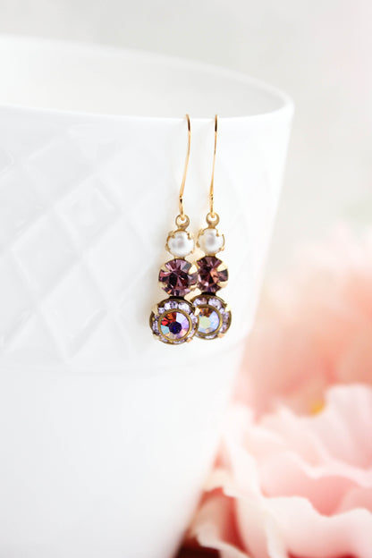 Glass Drop Earrings | Violet Mauve Three Jewel Earrings