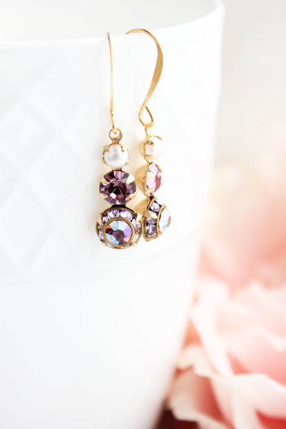 Glass Drop Earrings | Violet Mauve Three Jewel Earrings