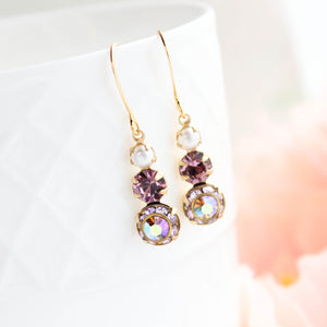Glass Drop Earrings | Violet Mauve Three Jewel Earrings