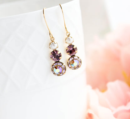 Glass Drop Earrings | Violet Mauve Three Jewel Earrings