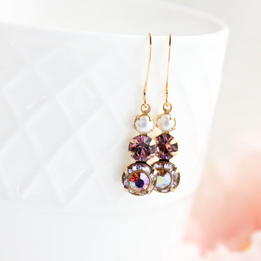 Glass Drop Earrings | Violet Mauve Three Jewel Earrings