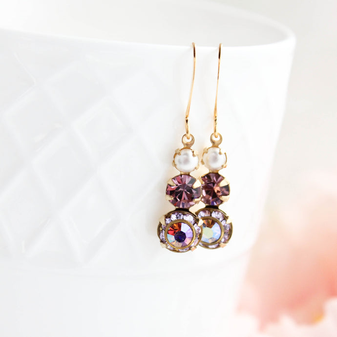 Glass Drop Earrings | Violet Mauve Three Jewel Earrings