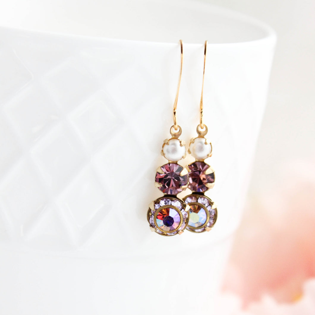 Glass Drop Earrings | Violet Mauve Three Jewel Earrings