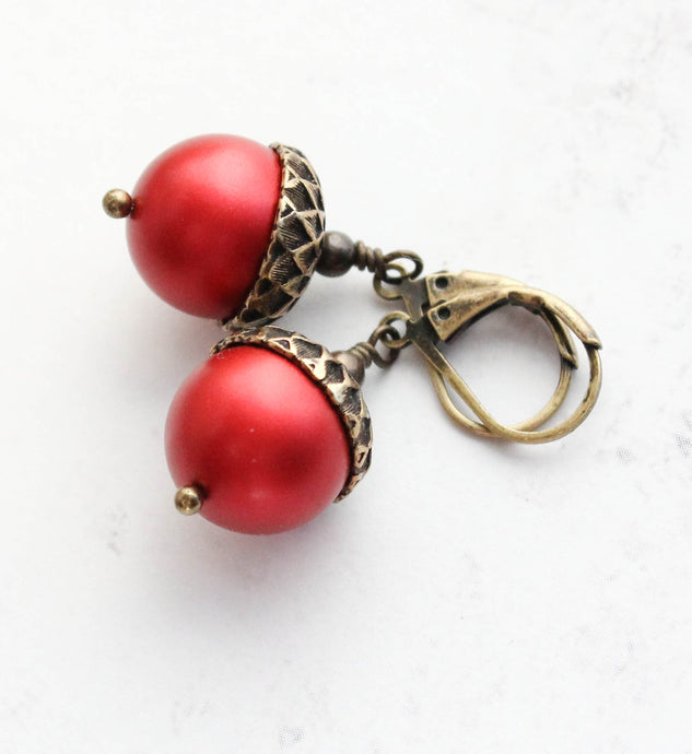 Red Acorn Earrings | Christmas Pearl Drop Earrings