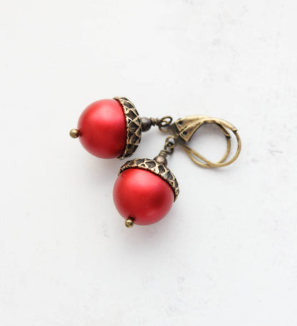 Red Acorn Earrings | Christmas Pearl Drop Earrings