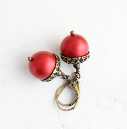 Red Acorn Earrings | Christmas Pearl Drop Earrings