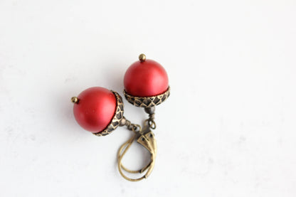 Red Acorn Earrings | Christmas Pearl Drop Earrings
