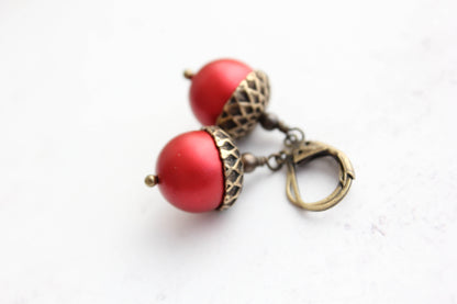 Red Acorn Earrings | Christmas Pearl Drop Earrings
