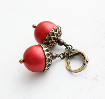 Red Acorn Earrings | Christmas Pearl Drop Earrings