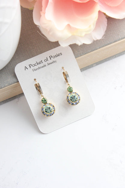 Art Deco Floral Earrings | Light Sapphire Blue & Peridot Green