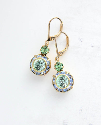 Art Deco Floral Earrings | Light Sapphire Blue & Peridot Green