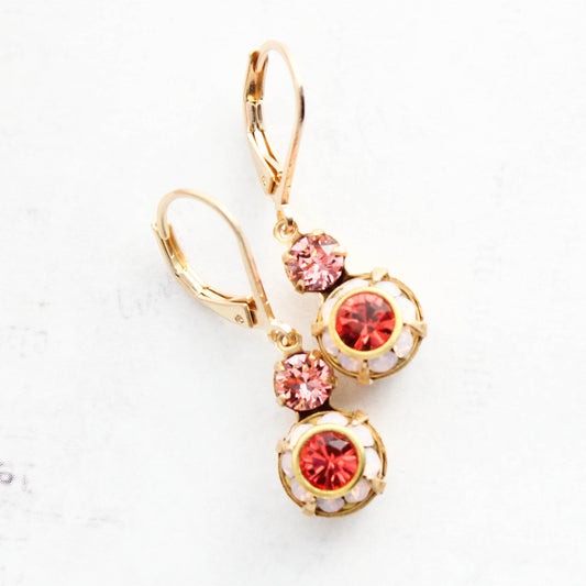 Small Art Deco Floral Earrings | water opal glass and coral red