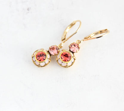 Small Art Deco Floral Earrings | water opal glass and coral red