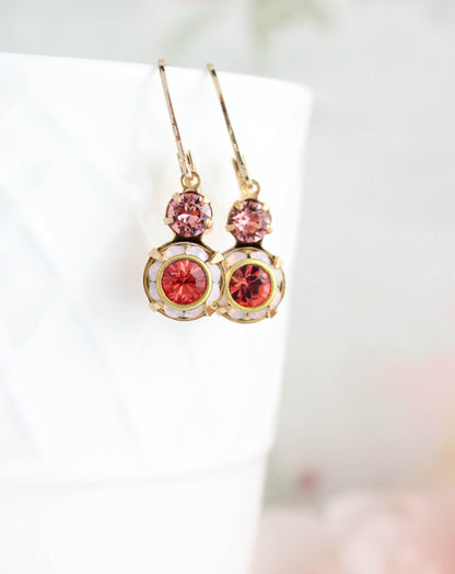 Small Art Deco Floral Earrings | water opal glass and coral red