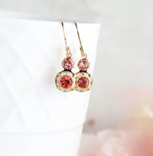 Load image into Gallery viewer, Small Art Deco Floral Earrings | water opal glass and coral red