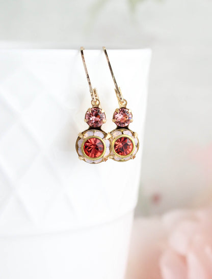 Small Art Deco Floral Earrings | water opal glass and coral red