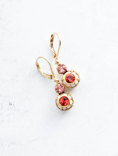 Small Art Deco Floral Earrings | water opal glass and coral red