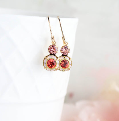 Small Art Deco Floral Earrings | water opal glass and coral red