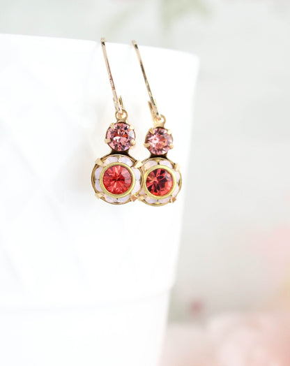 Small Art Deco Floral Earrings | water opal glass and coral red