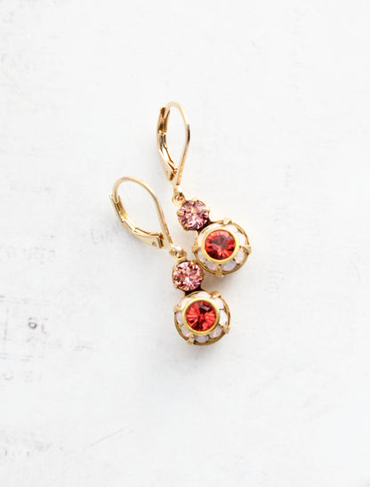 Small Art Deco Floral Earrings | water opal glass and coral red