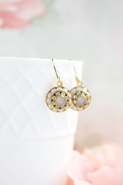 Art Deco Glass Earrings | White Opal and Clear Crystal