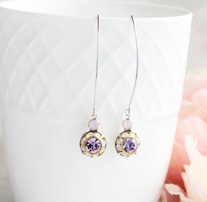 Art Deco Floral Earrings | Rose Opal and Violet Purple Glass