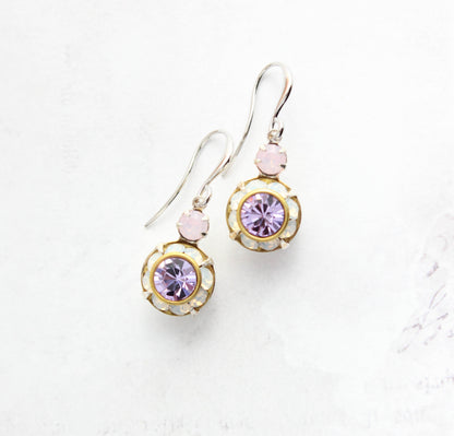 Art Deco Floral Earrings | Rose Opal and Violet Purple Glass