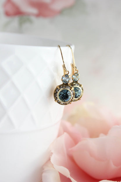Art Deco Floral Earrings | Smoke Grey & Sapphire Blue Glass