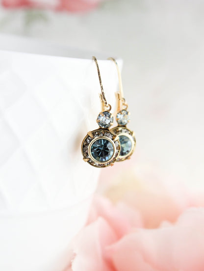 Art Deco Floral Earrings | Smoke Grey & Sapphire Blue Glass