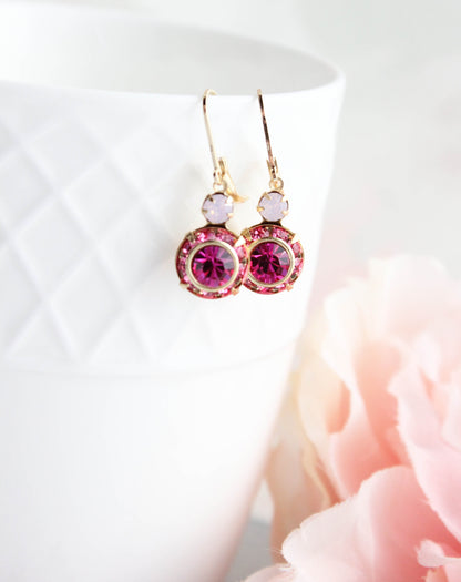 Art Deco Floral Earrings | Rose Opal and Fuchsia Glass