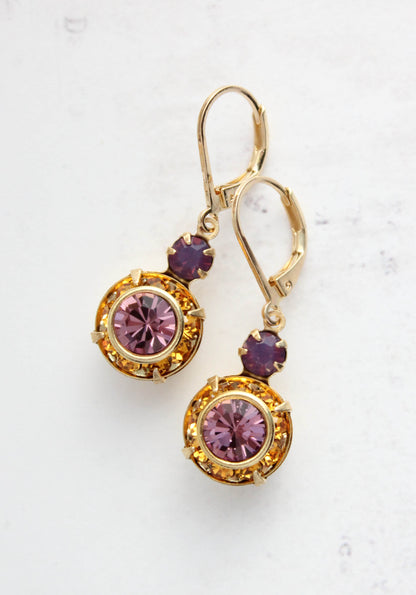 Art Deco Floral Earrings | Topaz and Purple Glass Jewel Drops