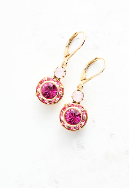 Art Deco Floral Earrings | Rose Opal and Fuchsia Glass