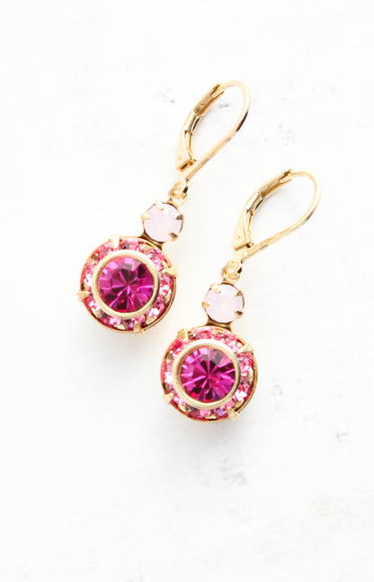 Art Deco Floral Earrings | Rose Opal and Fuchsia Glass