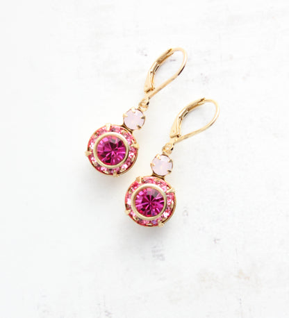 Art Deco Floral Earrings | Rose Opal and Fuchsia Glass