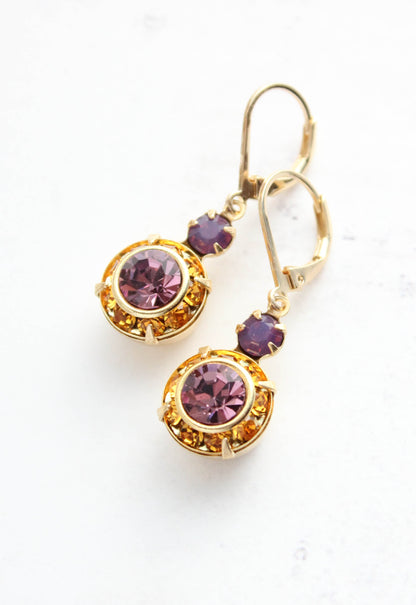 Art Deco Floral Earrings | Topaz and Purple Glass Jewel Drops