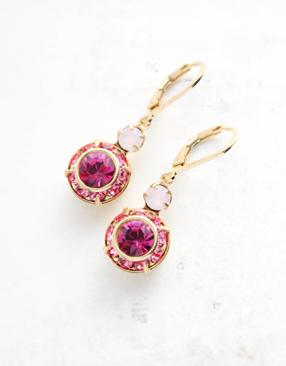 Art Deco Floral Earrings | Rose Opal and Fuchsia Glass