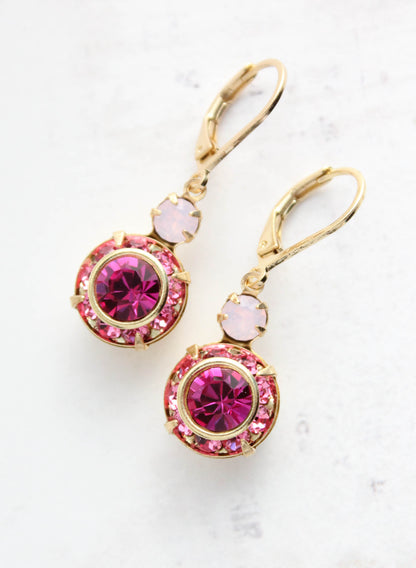 Art Deco Floral Earrings | Rose Opal and Fuchsia Glass