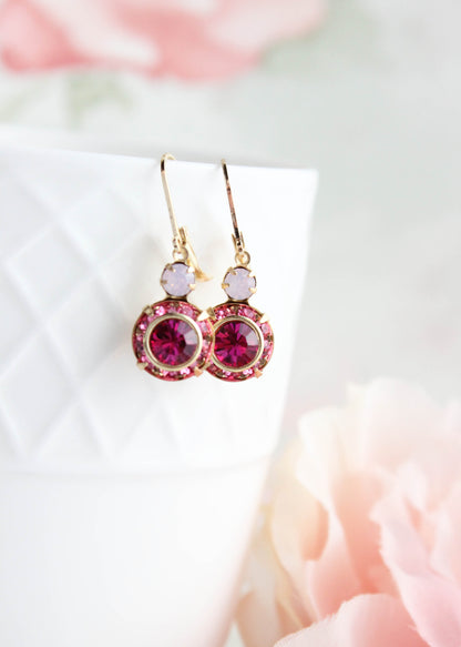 Art Deco Floral Earrings | Rose Opal and Fuchsia Glass