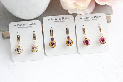 Art Deco Floral Earrings | Rose Opal and Violet Purple Glass