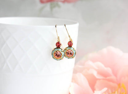 Art Deco Floral Earrings | Coral Red & Aqua Opal Glass