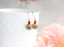Load image into Gallery viewer, Art Deco Floral Earrings | Coral Red, Apricot blush and Aqua Opal Glass