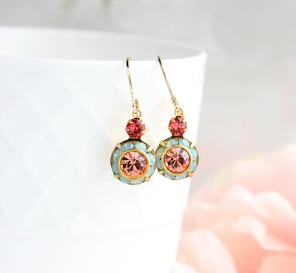 Art Deco Floral Earrings | Coral Red & Aqua Opal Glass