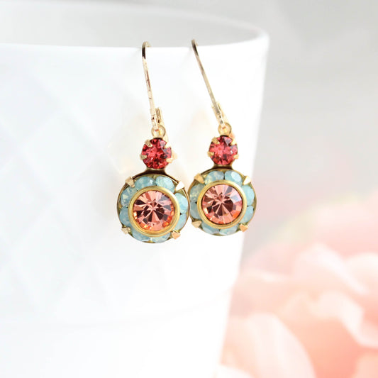 Art Deco Floral Earrings | Coral Red & Aqua Opal Glass