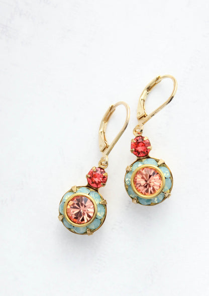 Art Deco Floral Earrings | Coral Red & Aqua Opal Glass
