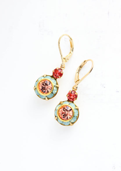 Art Deco Floral Earrings | Coral Red & Aqua Opal Glass