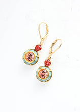 Load image into Gallery viewer, Art Deco Floral Earrings | Coral Red, Apricot blush and Aqua Opal Glass