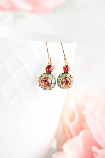 Art Deco Floral Earrings | Coral Red & Aqua Opal Glass