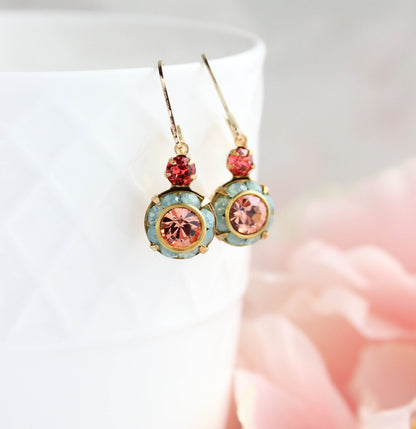 Art Deco Floral Earrings | Coral Red & Aqua Opal Glass